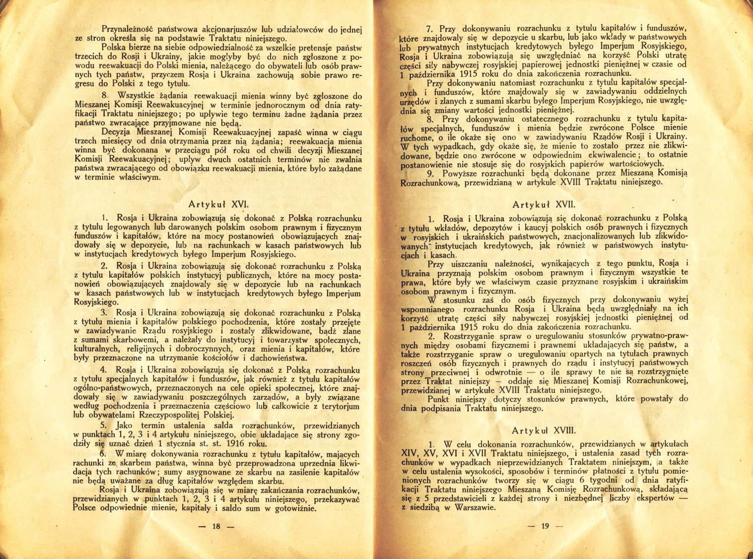 Traktat Pokoju między Polską a Rosją i Ukrainą podpisany w Rydze dnia 18 marca 1921 roku, s. 18-19, Akta Jana Dąbskiego, sygn. 5