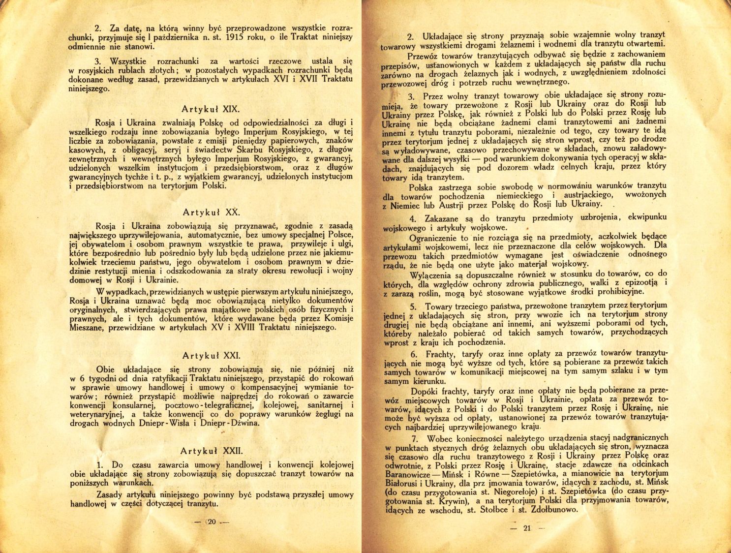 Traktat Pokoju między Polską a Rosją i Ukrainą podpisany w Rydze dnia 18 marca 1921 roku, s. 20-21, Akta Jana Dąbskiego, sygn. 5
