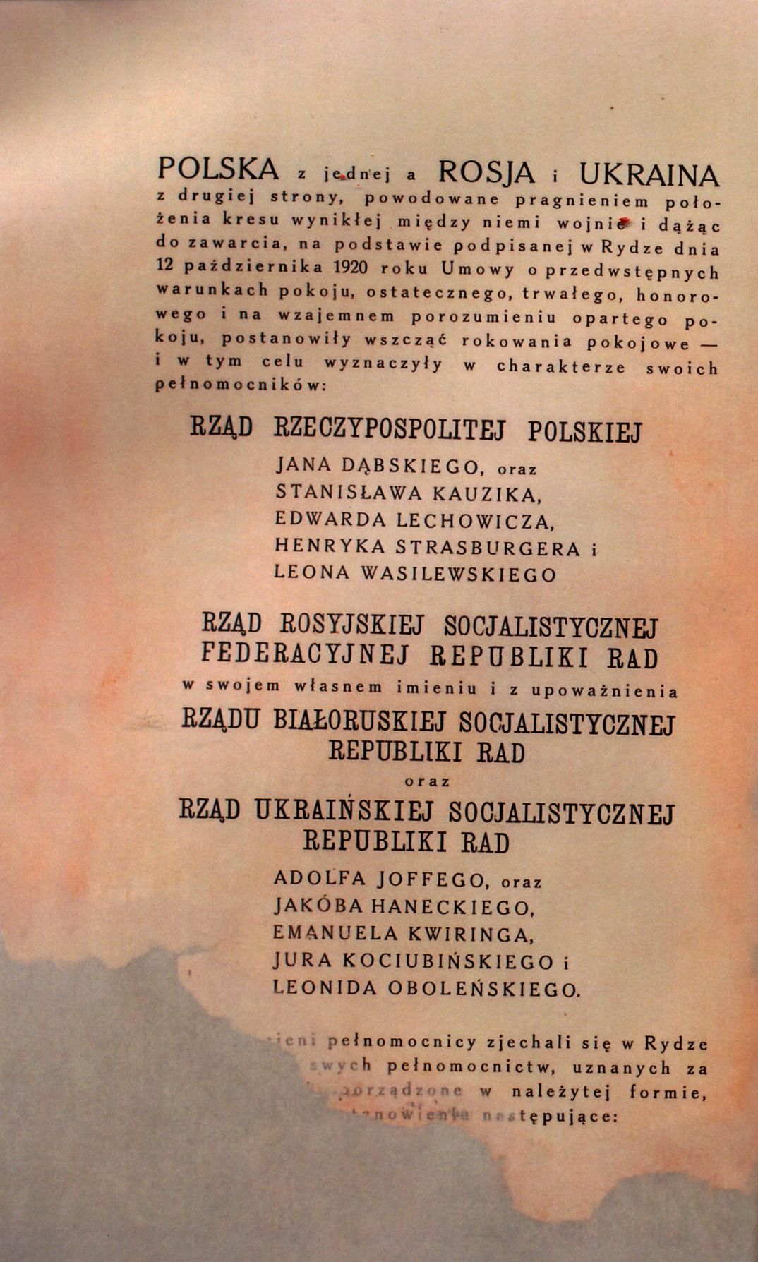 Traktat Pokoju między Polską a Rosją i Ukrainą podpisany w Rydze dnia 18 marca 1921 roku, s. 2, MSZ, sygn. 6739.